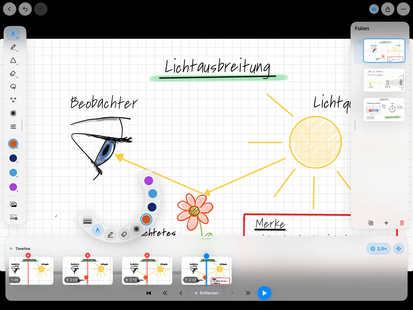 Lichtausbreitung mit Timeline und Stoppmarken